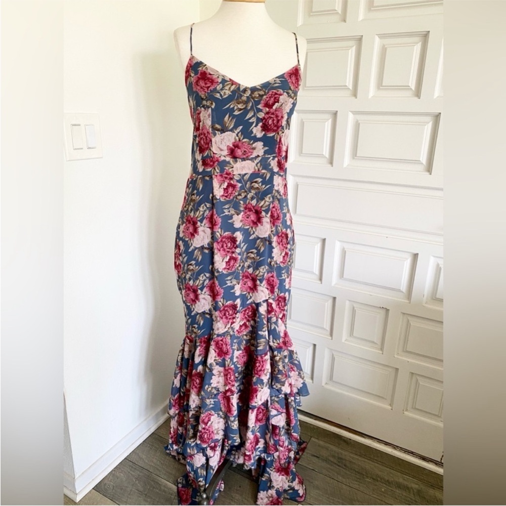 Long Maxi Mermaid Style Dress Blue Pink Floral Corset Lace Up Ruffles - Picture 15 of 15